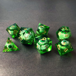 BESCON DICE Sharp Edged Liquid Core Rolling Eyeball Polyhedral Dice Set - Razor Edge Polyhedral Dice with Rolling Eyeball Inside (7pcs RPG Dice Set with Green Eye)