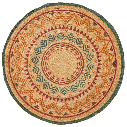 HF by LT Kodiak Printed Round Jute Rug, 5', Durable, Sustainable, Hand Woven and Machine Stitched