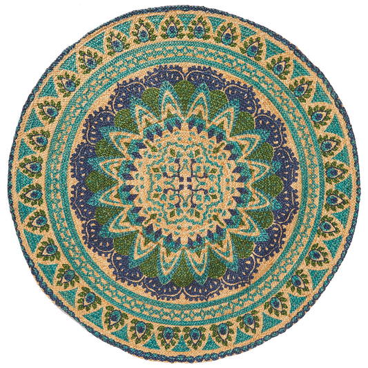 HF by LT Arwen Printed Round Jute Rug, 5', Durable, Sustainable, Hand Woven and Machine Stitched