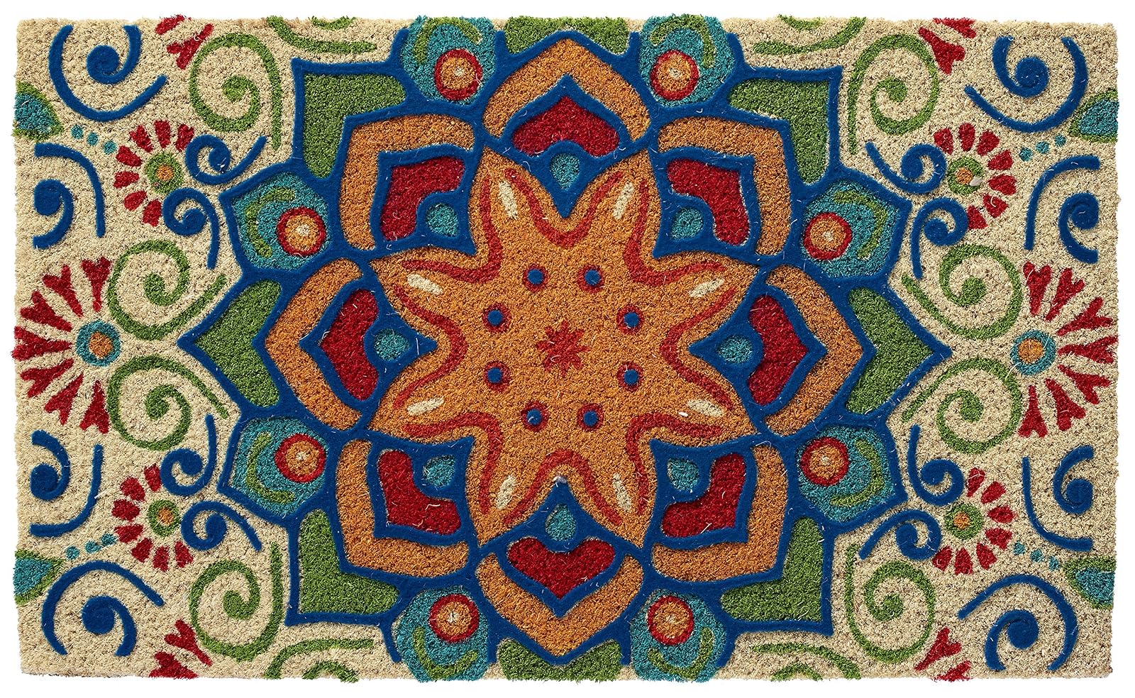 Larry Traverso Boho Market Printed and Flocked 100% Coir Doormat, 18 x 30 inches, Slip-Resistant PVC Backing, Durable, Sustainable, Multi-Colored, Star of India Design, 5 Styles Available
