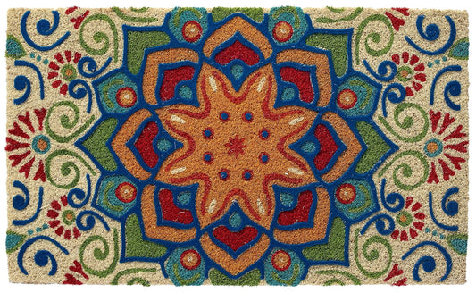Larry Traverso Boho Market Printed and Flocked 100% Coir Doormat, 18 x 30 inches, Slip-Resistant PVC Backing, Durable, Sustainable, Multi-Colored, Star of India Design, 5 Styles Available