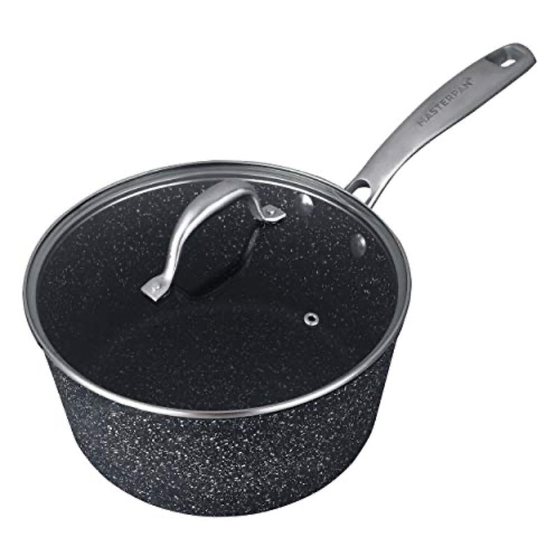 MasterPan Granite Ultra Non-Stick Cast Aluminum Sauce Pan with Glass Lid, 7", Black