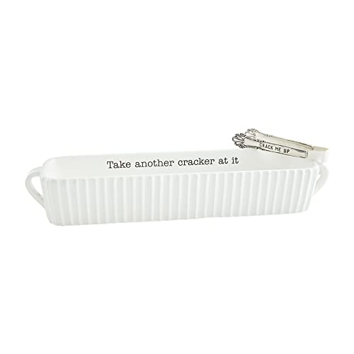 Mud Pie Circa Cracker Set, dish 3" x 13.5" | tongs 4.5", 3" x 13 1/2" 4 1/2", White