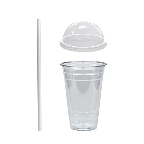 DHG Professional 20oz Crystal Clear Plastic Cups With Dome lids and White Paper Straws (50 Sets)