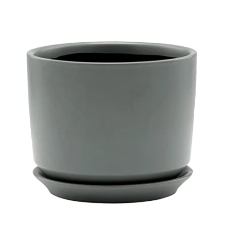 Napco Matte Charcoal Grey Round Ceramic Pot for Indoor Plants Planter with Saucer, 6.25 x 6.25