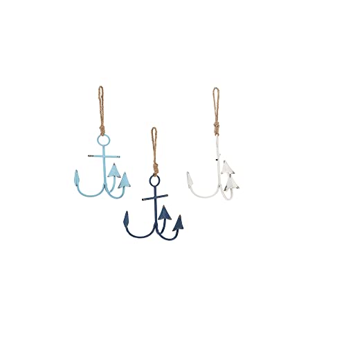 Ganz Anchor on Rope Hanger, Pack of 3, Cast Iron, 6.25 Inches Width, 5.5 Inches Depth, 8.25 Inches Height, Blue and White