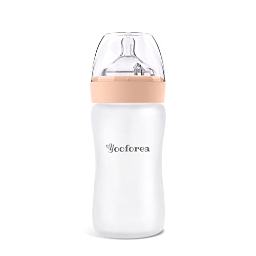 Yooforea Silicone Coated Glass Baby Bottle, 6M+ Fast Flow Nipple I Anti-Colic, Wide Neck, Stable Base I Medical-Grade Silicone Coating for Shatter Protection, BPA BPS PVC Free (9 Ounce-Honey)