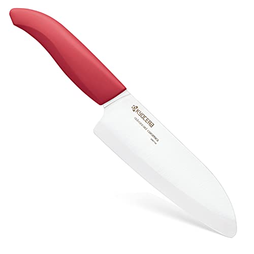 Kyocera Advanced Ceramic Revolution Series 5-1/2-inch Santoku Knife, Red Handle, White Blade