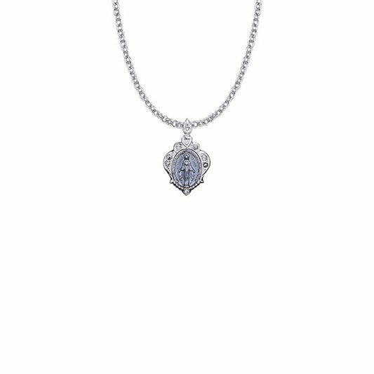 True Faith Jewelry Miraculous Medal For Women And Men, Virgin Mary Pendant With 18 Inch Stainless Steel Chain Rhodium Plated, Religious Necklace, 3/4‚Äö√Ñ√π Sterling Silver Blue Enameled Shell Shaped