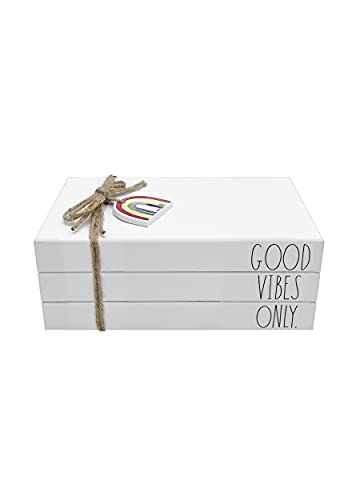 DesignStyles Rae Dunn Faux Decorative Books with Written Messages - White Distressed Wood Decoration for Old Vintage, Antique, Farmhouse, Boho Designer Style - Book Ends, Book Shelf Decor Items, Door Stopper