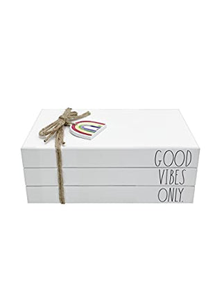 DesignStyles Rae Dunn Faux Decorative Books with Written Messages - White Distressed Wood Decoration for Old Vintage, Antique, Farmhouse, Boho Designer Style - Book Ends, Book Shelf Decor Items, Door Stopper