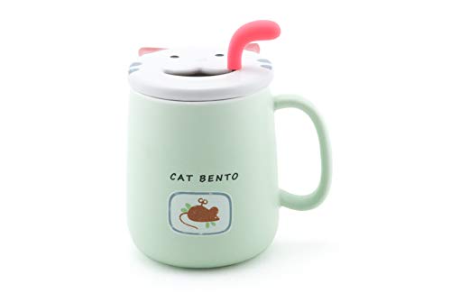 FMC Fuji Merchandise Cute Novelty Kitten Cat Ceramic Coffee Tea Mug with Lid Spoon 14 fl oz Mug (Green)