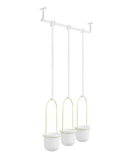 Umbra, White/Brass Triflora Hanging Planters for Indoor Plants or Herbs