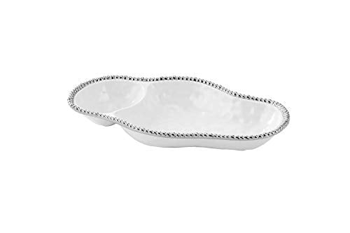 Pampa Bay Salerno 17-inch Porcelain Chip and Dip Bowl with Titanium-Plated Border, White and Silver