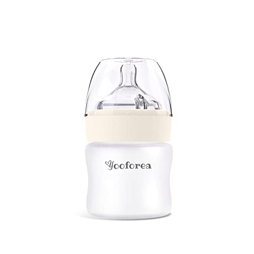 Yooforea Silicone Coated Glass Baby Bottle, 0M+ Slow Flow Nipple I Anti-Colic, Wide Neck, Stable Base I Medical-Grade Silicone Coating for Shatter Protection, BPA BPS PVC Free (3 Ounce-Cream)