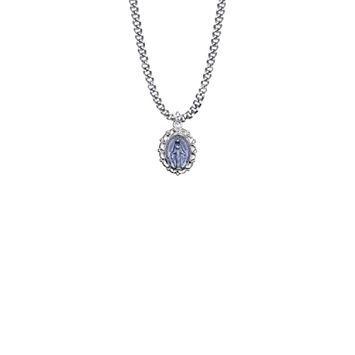 True Faith Jewelry 5/8 Inch Sterling Silver Blue Enameled Filigree Miraculous Medal, For Women, Men or Gifts, Polished Finish Border, Religious Jewelry, Polished Finish, Stainless Steel Rhodium Plated Chain, 18 Inch