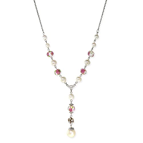 1928 Jewelry Silver Tone Costume Pearl Pink Flower Beaded Y Necklace 16" + 3" Extender