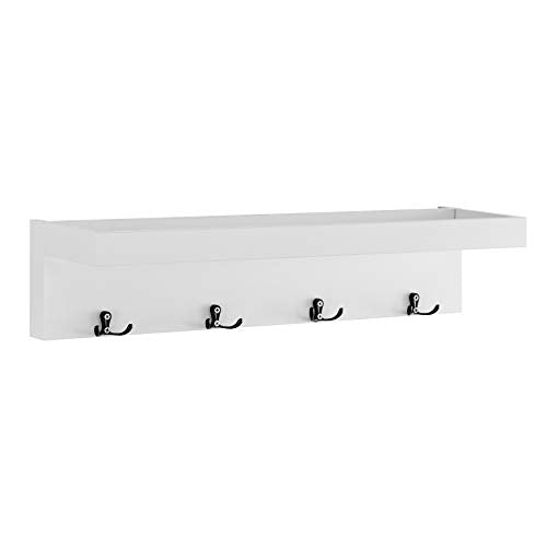 Danya B. Wall Mounted Entryway Floating Coat Rack with Four Hanging Hooks and Decorative Ledge Shelf - Great for Entryways, Hallways, Bedrooms, Kitchens, and Bathrooms - White