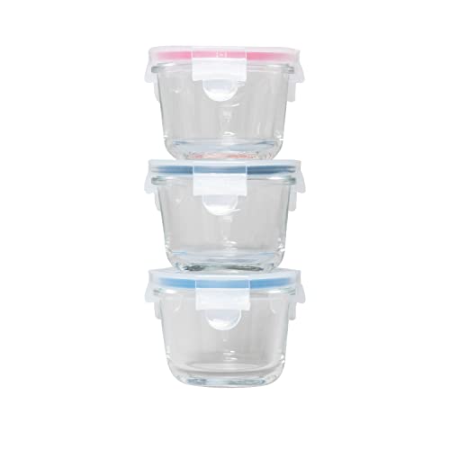 GENICOOK Borosilicate Glass Small Baby-Size Meal and Food Storage Containers, Round Shape - 6 pc Set (3 Containers - 3 Matching Lids)