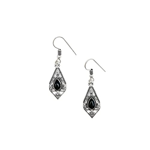 Anju Tanvi Earrings with Semiprecious Black Onyx Stone for Women, Silver-Plated