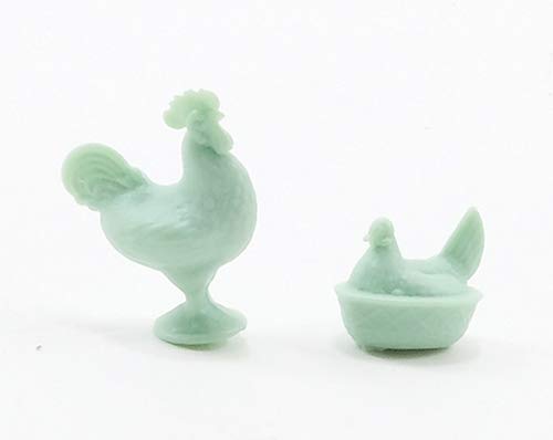 Aztec Imports Chrysnbon Dollhouse Miniature Rooster and Nesting Hen in Jadite 