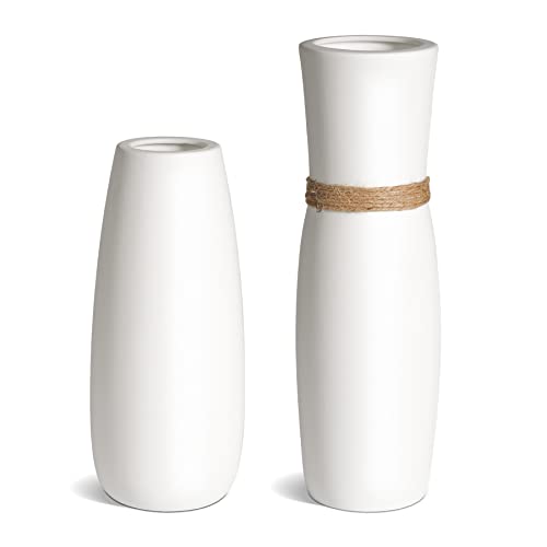 T4U White Ceramic Vases - Set of 2, Modern Elegant Home Decorative Flower Vases Unglazed Tall Unique Bottle for Flowers