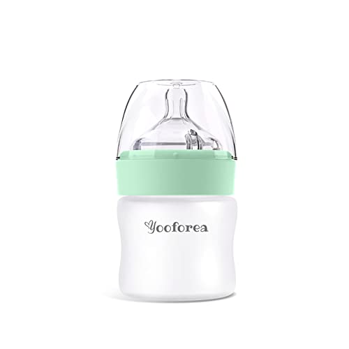 Yooforea Silicone Coated Glass Baby Bottle, 0M+ Slow Flow Nipple I Anti-Colic, Wide Neck, Stable Base I Medical-Grade Silicone Coating for Shatter Protection, BPA BPS PVC Free (3 Ounce-Tea)