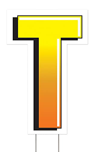 Beistle Plastic Letter T Yard Sign with Metal Stakes-Happy Birthday Party Outdoor Lawn Decoration, 18" x 11.75", Yellow/Orange/White/Black