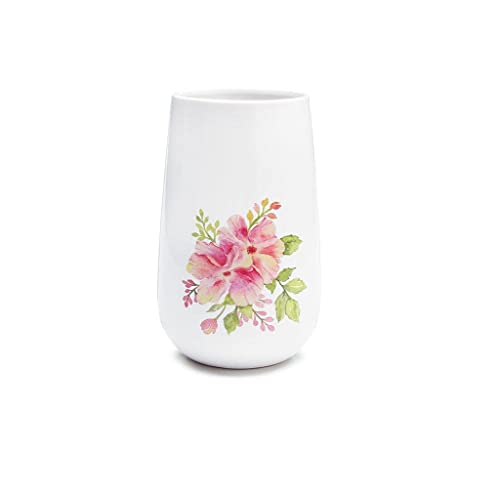 burton + BURTON 300424 Savanna Pink Floral Decal Large Vase, 10.25-inch Height, Ceramic