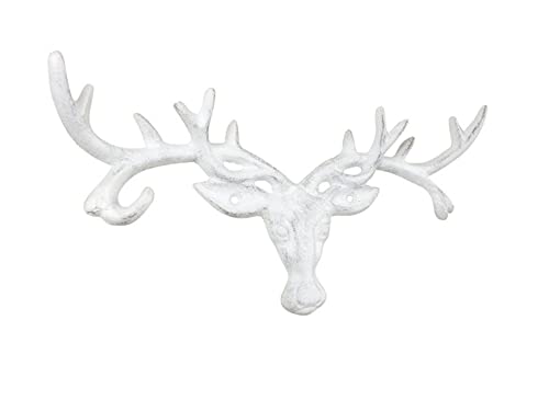 Hampton Iron HANDCRAFTED NAUTICAL D√âCOR Whitewashed Cast Iron Deer Head Antlers Decorative Metal Wall Hooks 13"