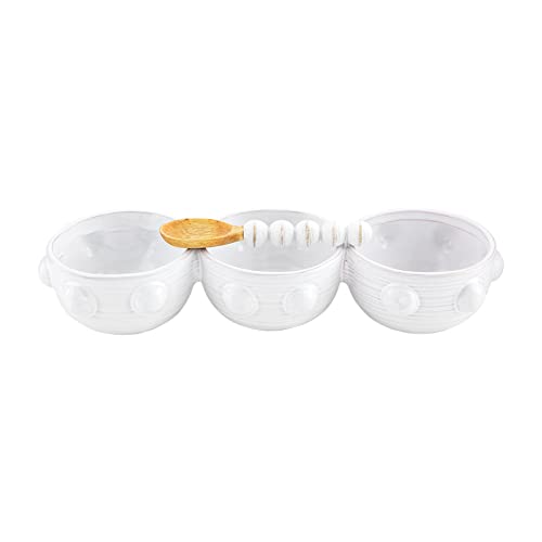 Mud Pie Triple Beaded Dip Set, dish 4 1/4" x 12 3/4" | spoon 5 1/2",White