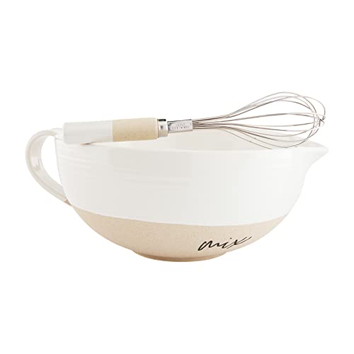 Mud Pie Farmhouse Stoneware Mixing Bowl Set, bowl 4.5" x 11.75" | whisk 7", White/Cream