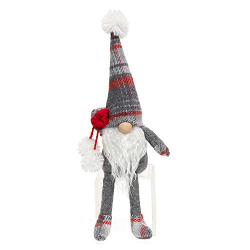 MeraVic Cardinal Plaid Gnome Red & Grey with Red Bag, Wired Pom Hat, Wood Nose, White Beard, Arms and Floppy Legs, 11.5 Inches - Christmas Decoration