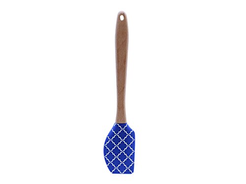 Tablecraft H4910PB Farmhouse Collection Curved Silicone Spatula with Wooden Handle, Moroccan Pattern, White