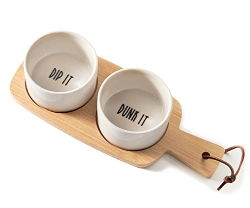 Giftcraft 093855 Condiment Bowl and Tray Set, 10.6-inch Length, Porcelain and Bamboo