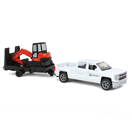 New Ray Toys New 10" NEWRAY KUBOTA Collection - Kubota KX040 Excavator with White Ford F-250 Super Duty Pickup & Trailer (Orange, Black) Model Toys