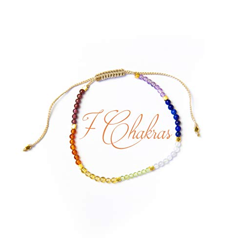 BALIPURA - 7 Chakras Aura Bracelet for Women - 2mm "SMALL BEADS" Natural Gemstones, Garnet & Amethyst, Solid 925 Silver Beads