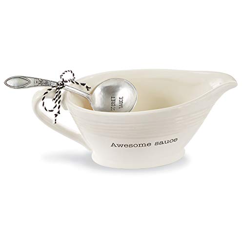 Mud Pie Awesome Sauce Boat, boat 5" x 9" | spoon 6", White, Dolomite