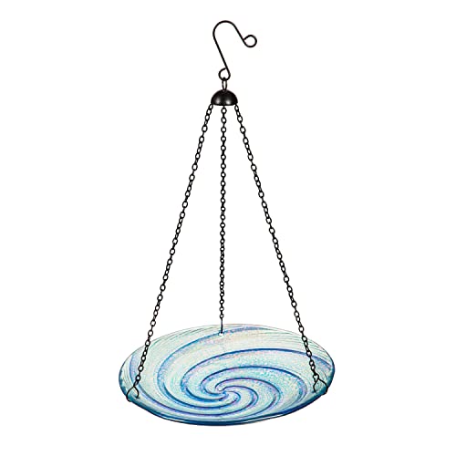 Evergreen Swirl Glass Hanging Birdbath, Blue