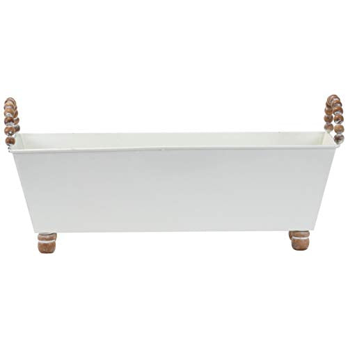 Foreside Home & Garden White Metal Decorative Trough with Wood Bead Handles and Feet