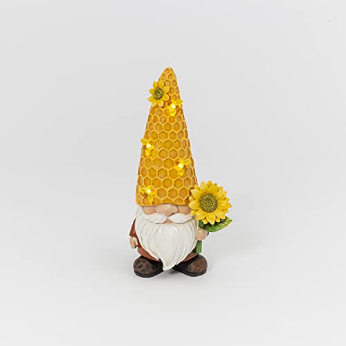 Gerson International 2636200 Solar Lighted Resin Gnome with Beehive Hat and Sunflower, 12.2-inch Height