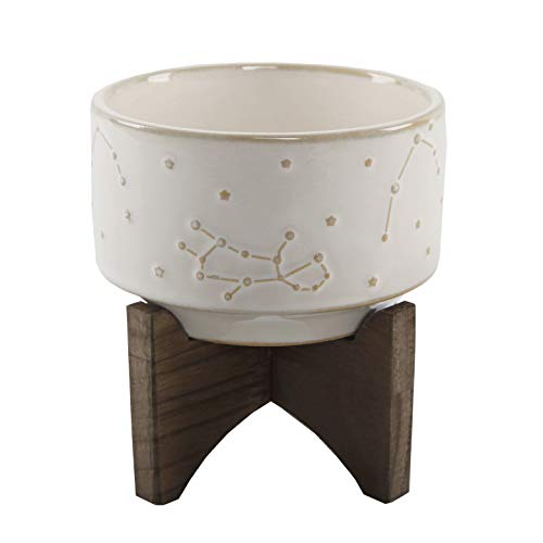 Flora Bunda 4 Inch Constellation Ceramic Pot on Wood Stand Mid Century,Ivory 4"