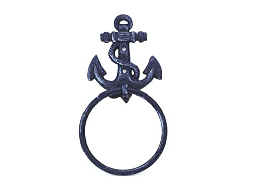 Hampton Iron Handcrafted Nautical Decor Rustic Dark Blue Cast Iron Anchor Towel Holder 8.5" - Cast Iron Decoration - an