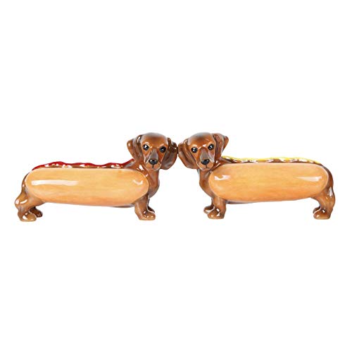 Pacific Trading Giftware Adorable Hot Dog Buns Doxies Ketchup Mustard Salt and Pepper Shaker Set Cute Dachshund Wiener Dog Tabletop Decoration SP Set