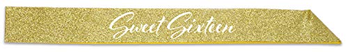 Beistle Glittered Sweet Sixteen Happy Birthday Sash Party Favors Supplies Costume Accessories, 32.5" x 3.5", Gold/White