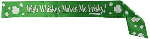 Beistle St. Patrick's Day Irish Whiskey Makes Me Frisky Satin Sash Costume, 33" x 4", Green/White