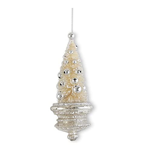 K&K Interiors Bottle Brush Tree Ornament On Mercury Glass Base, 7.25-Inch Height, Jute, Cream, Christmas Decoration