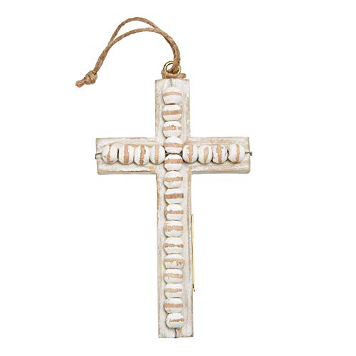 Mud Pie Beaded Cross Ornament, 4.5" x 2.75", Mango Wood