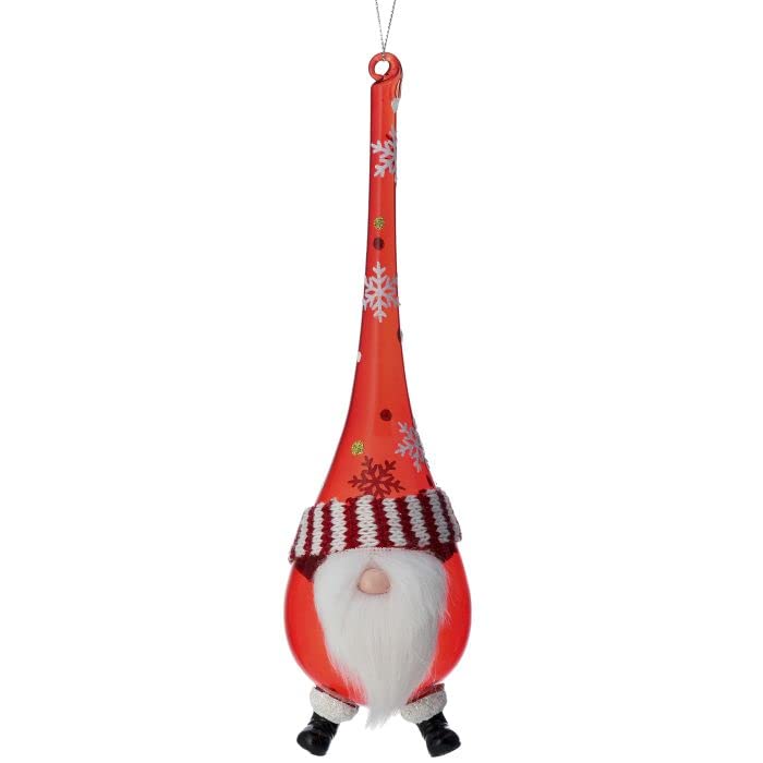 Regency International Santa Gnome Teardrop Hanging Ornament, 10-inch Height, Glass and Fur, Red White