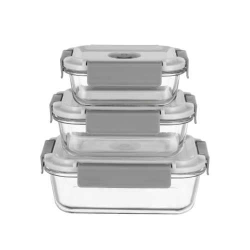 Genicook GENI-FRESH Vacuum Sealable Glass Container and Manual Pump, Set of 3, Grey, Kitchen Accessories